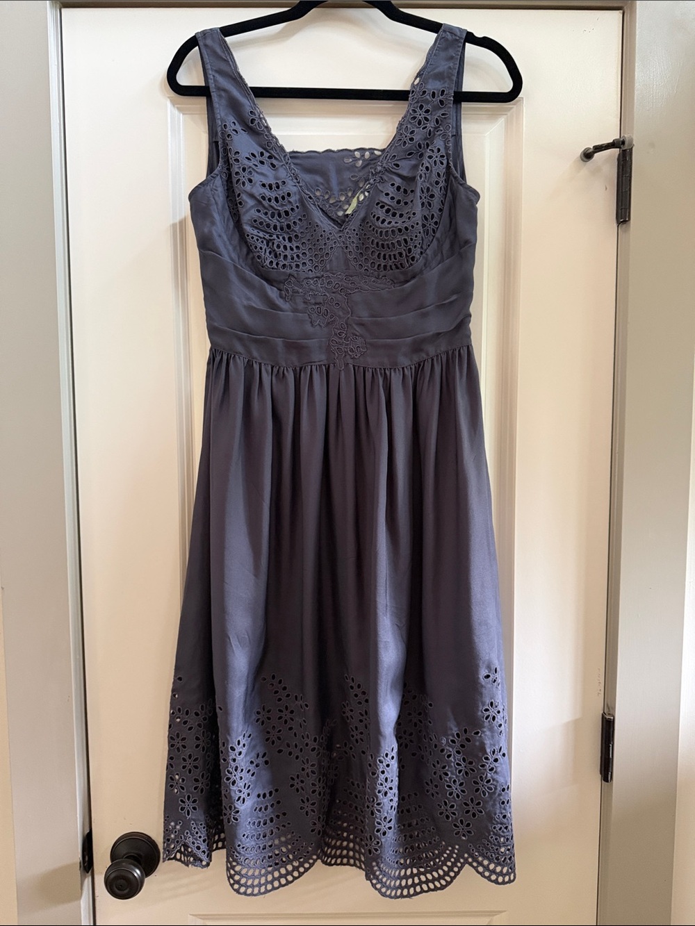 Anthropologie, 100% Silk, Sleeveless Eyelet V-Neck Midi Dress in Slate Gray, 4